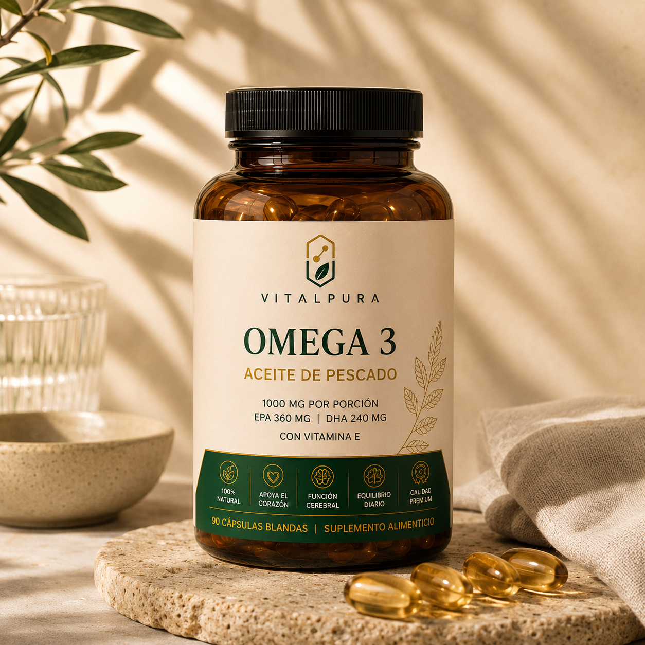 Omega 3 VitalPura suplemento alimenticio premium en cápsulas