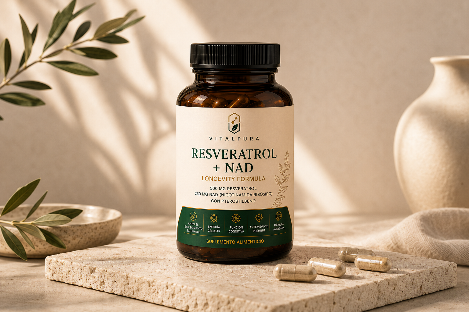 Resveratrol + NAD VitalPura suplemento alimenticio premium para bienestar y longevidad