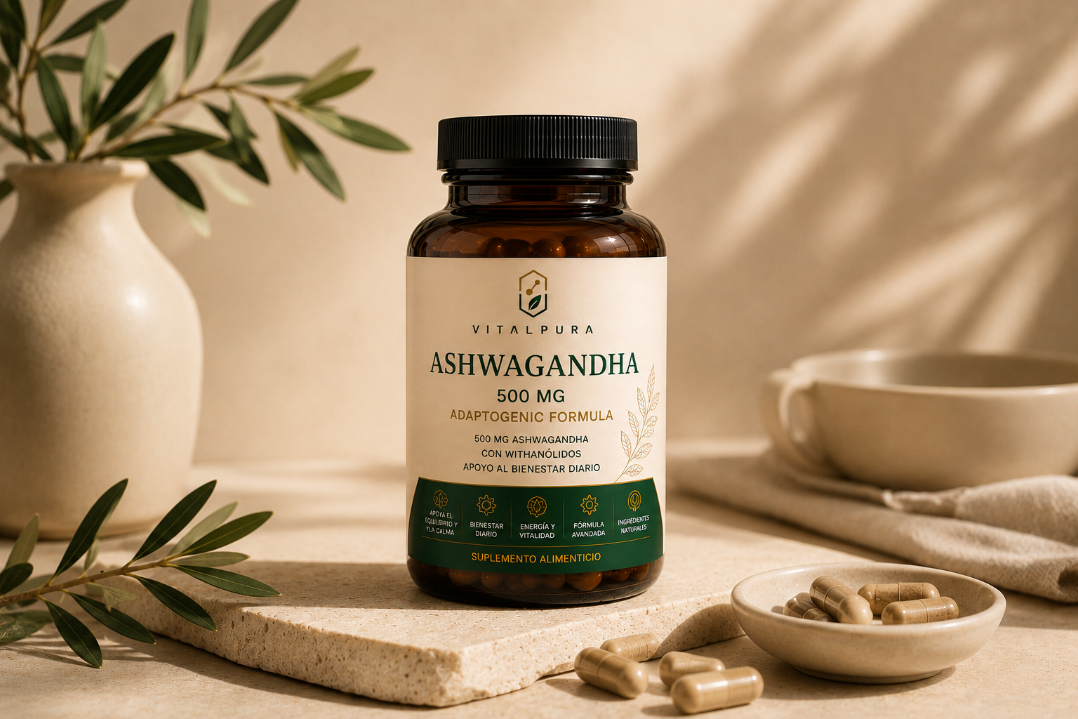 Ashwagandha VitalPura suplemento alimenticio premium para equilibrio y bienestar diario