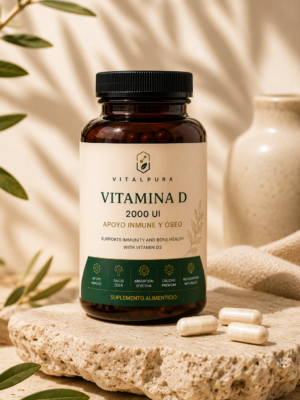 Frasco de Vitamina D VitalPura con diseño wellness premium y estética minimalista