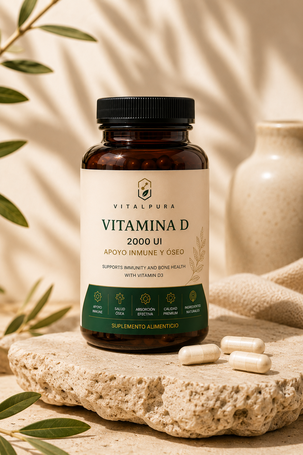 Frasco de Vitamina D VitalPura con diseño wellness premium y estética minimalista