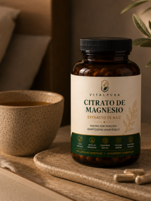 Frasco de Citrato de Magnesio VitalPura sobre superficie de piedra con estilo wellness premium