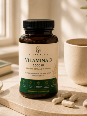 Frasco de Vitamina D VitalPura con diseño wellness premium y estética minimalista