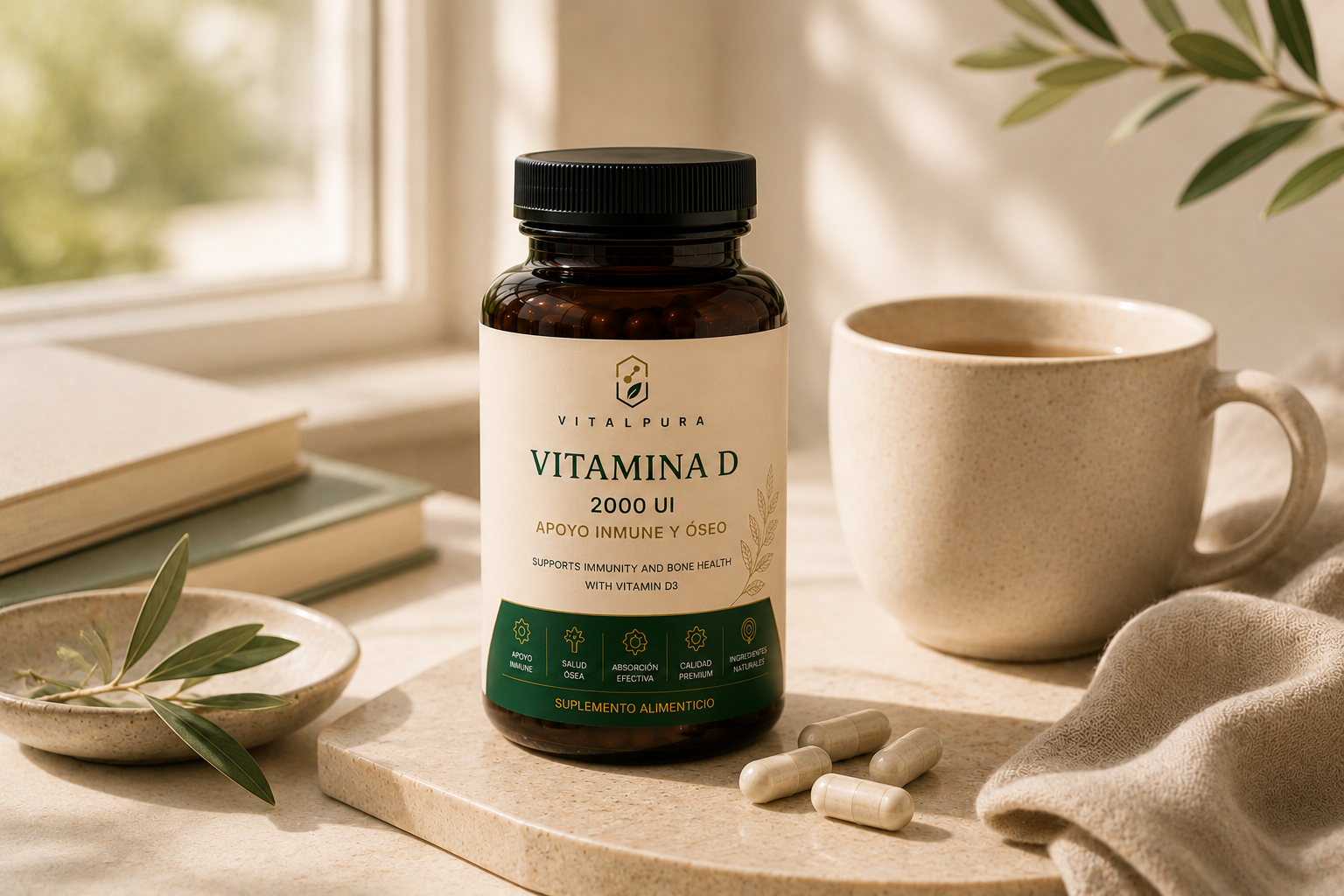Frasco de Vitamina D VitalPura con diseño wellness premium y estética minimalista
