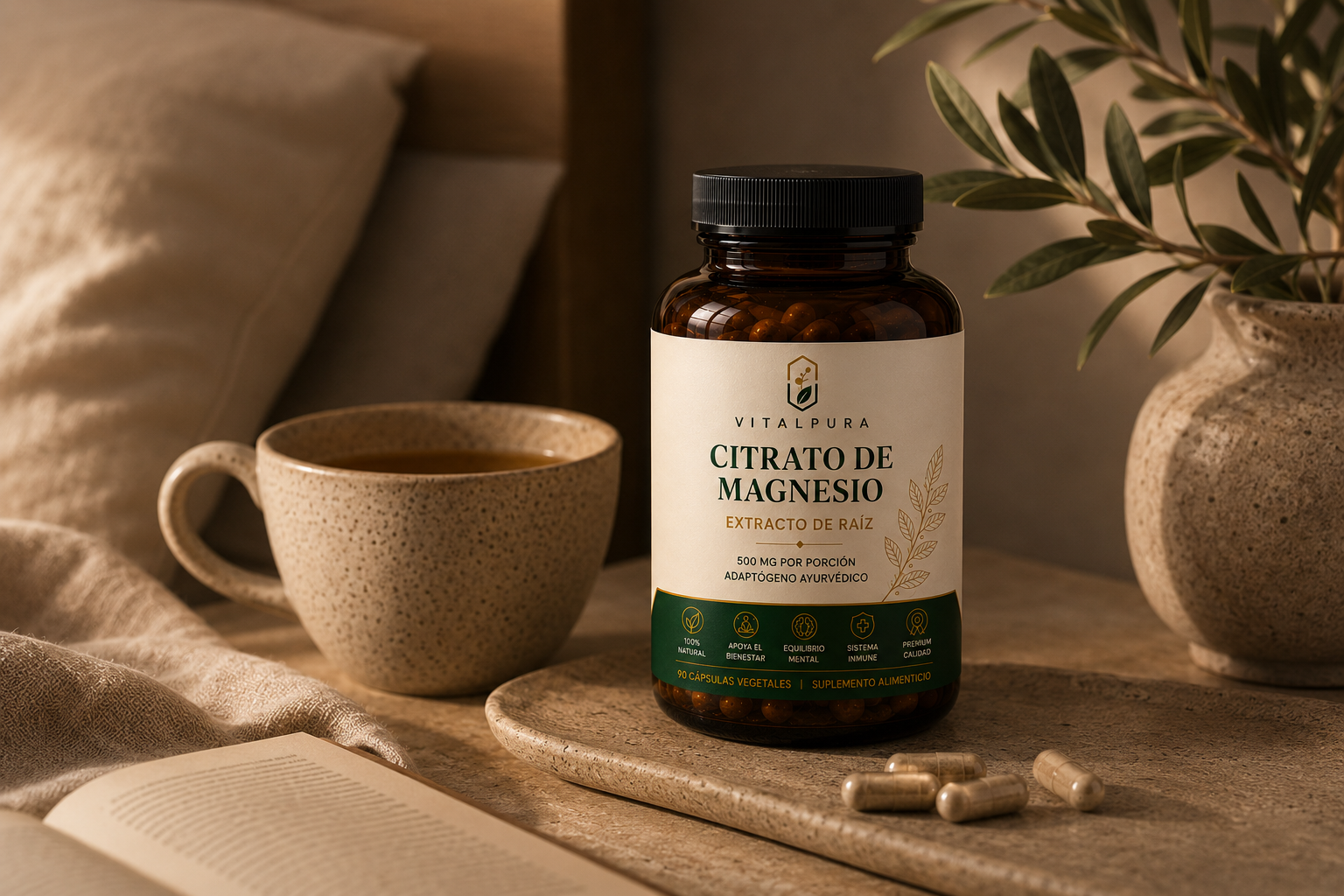 Frasco de Citrato de Magnesio VitalPura sobre superficie de piedra con estilo wellness premium
