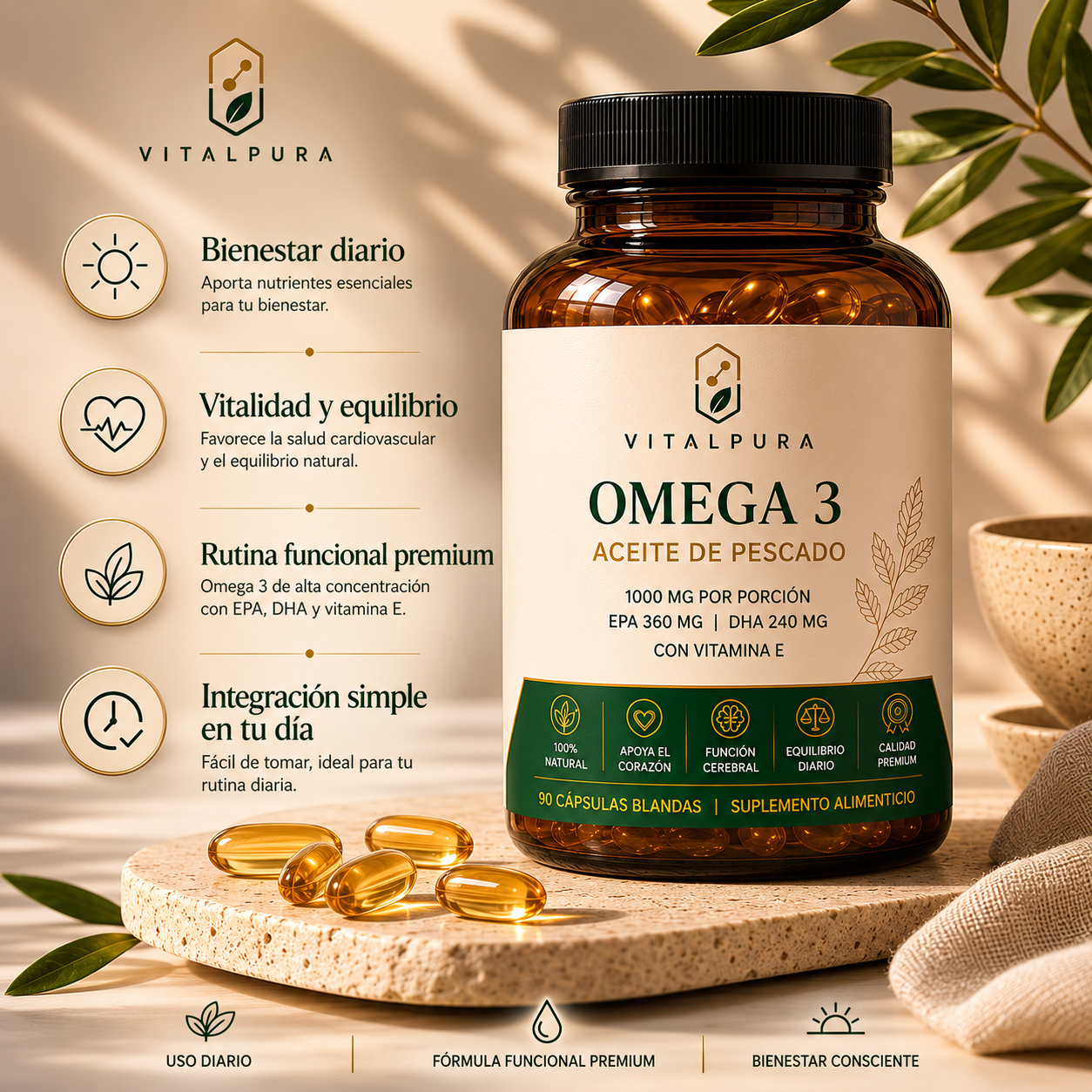 Omega 3 VitalPura suplemento alimenticio premium en cápsulas