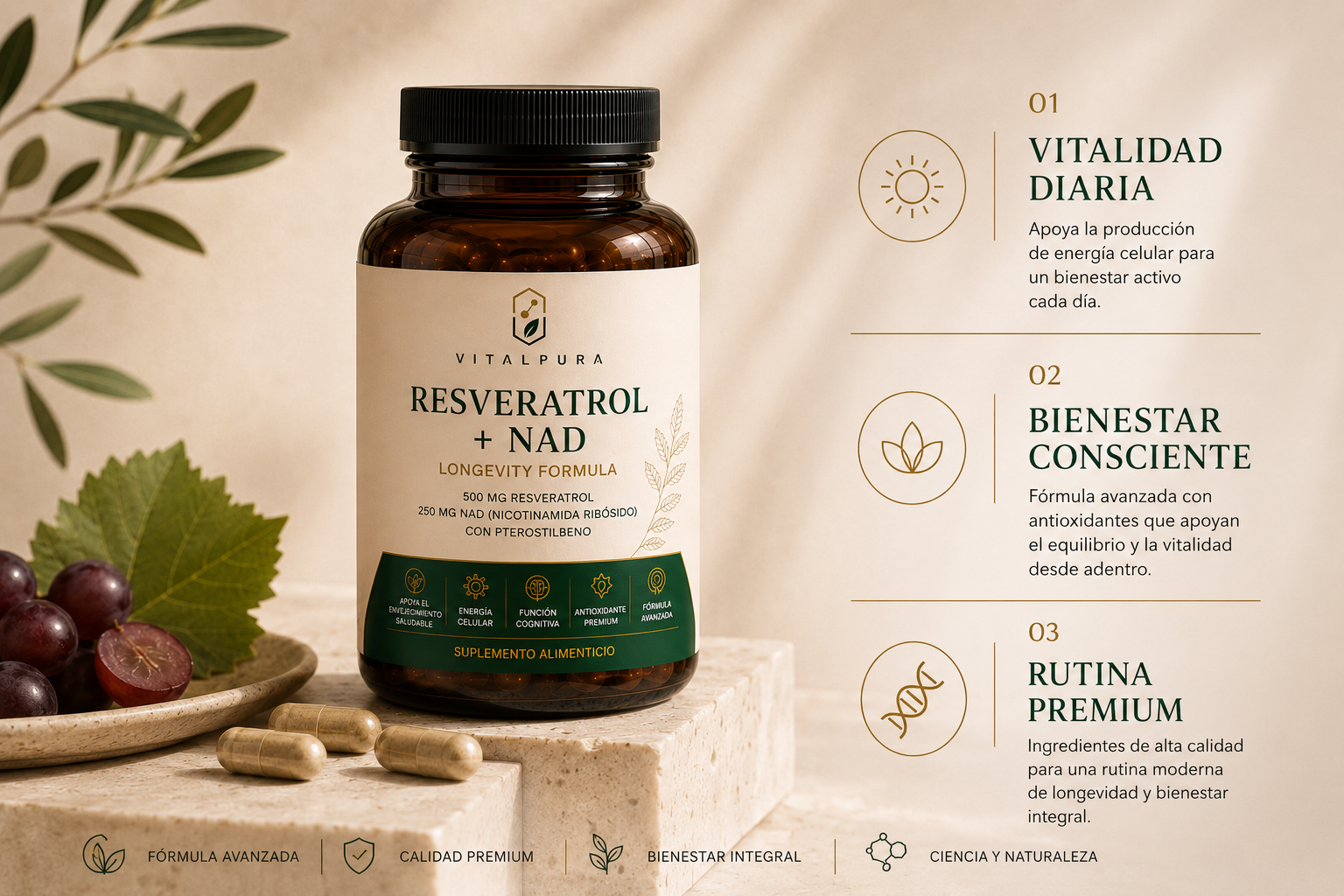 Resveratrol + NAD VitalPura suplemento alimenticio premium para bienestar y longevidad