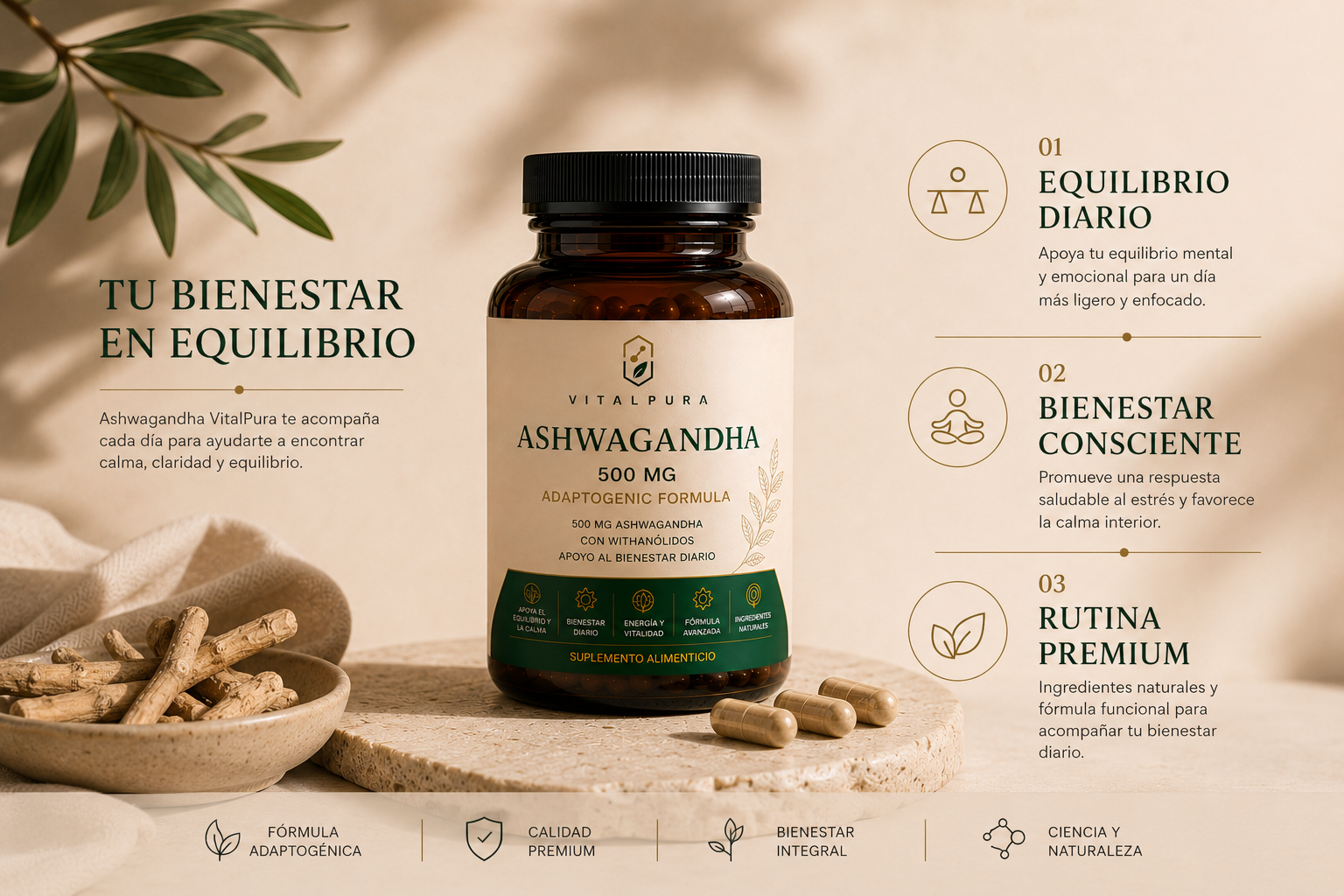 Frasco de Ashwagandha VitalPura con diseño wellness premium y estética minimalista