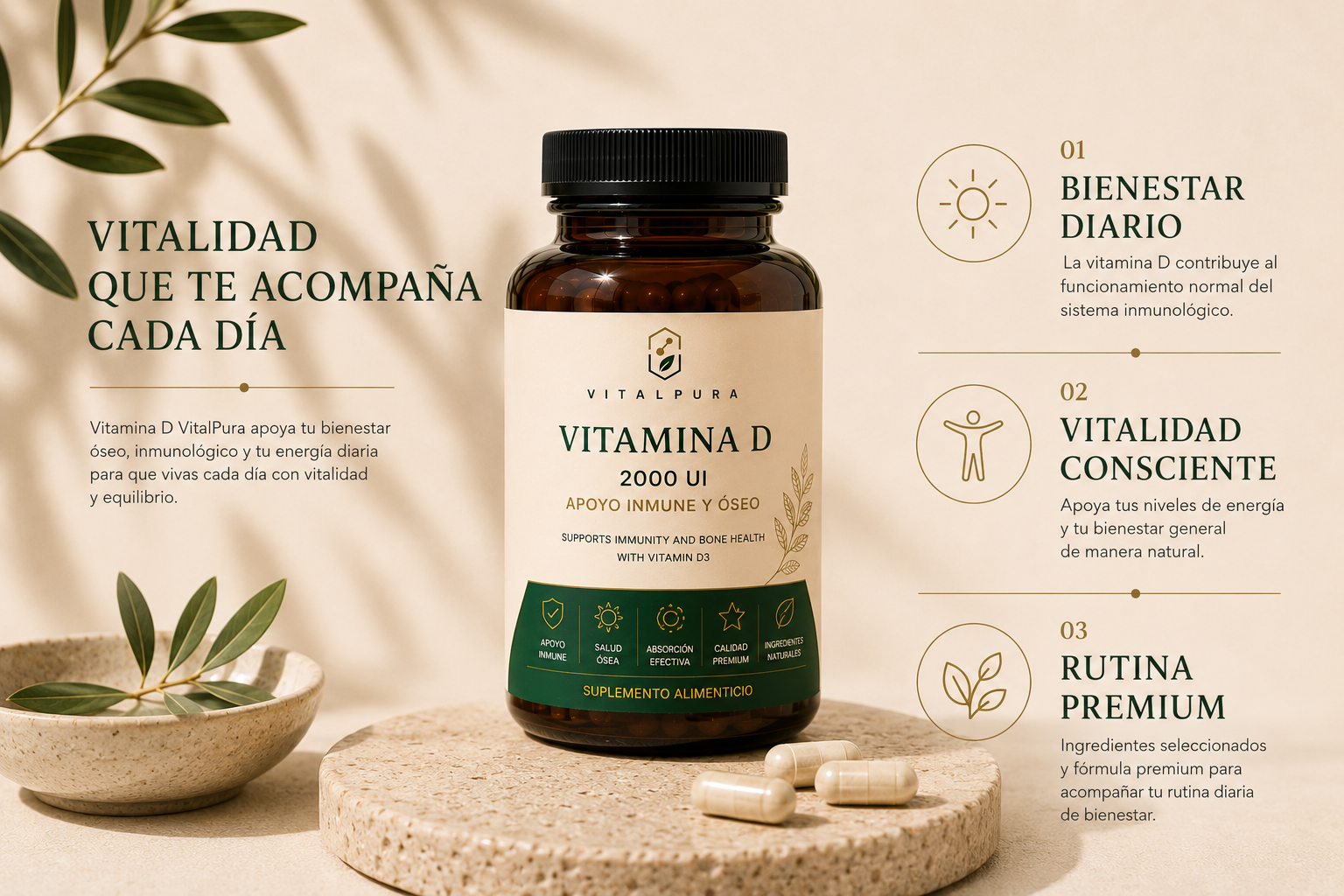 Frasco de Vitamina D VitalPura con diseño wellness premium y estética minimalista