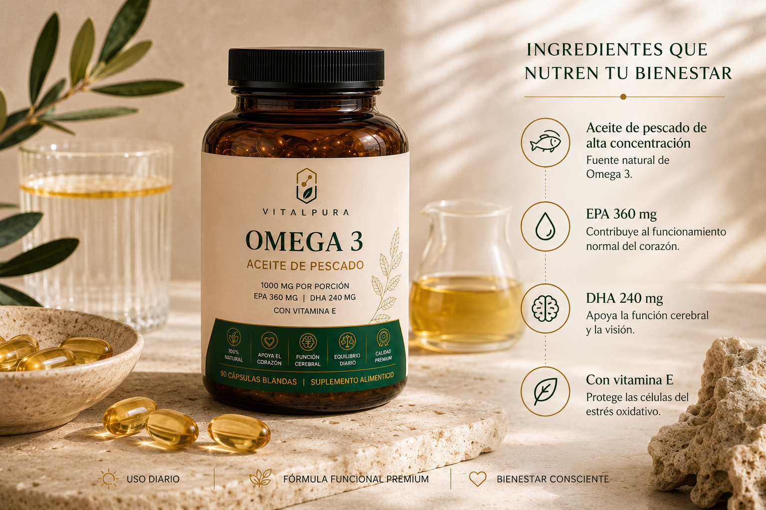 Omega 3 VitalPura suplemento alimenticio premium en cápsulas