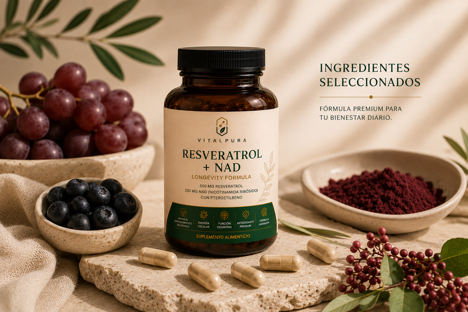 Resveratrol + NAD VitalPura suplemento alimenticio premium para bienestar y longevidad