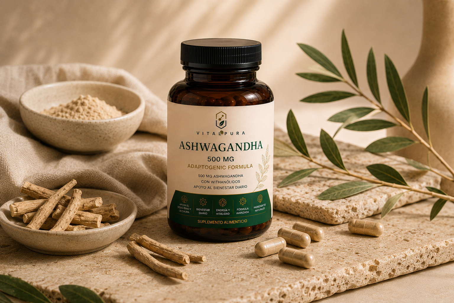 Frasco de Ashwagandha VitalPura con diseño wellness premium y estética minimalista