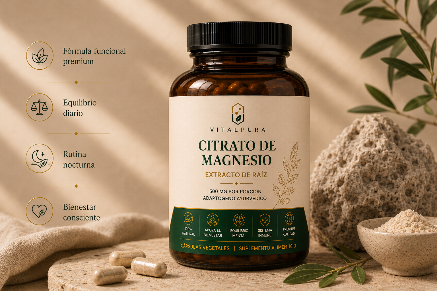 Frasco de Citrato de Magnesio VitalPura con diseño wellness premium y beneficios funcionales